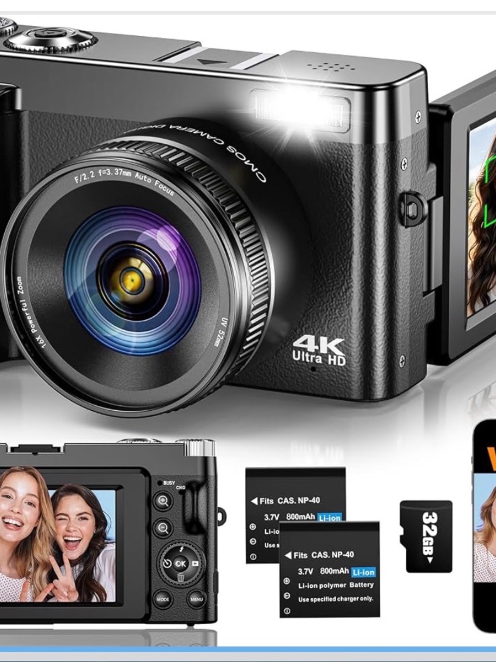 Compact 4K Digital Camera with Flip LCD - Black
